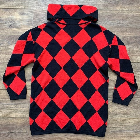 VTG 80's Evan Picone Medium Wool Blend Harlequin Black & Red Cowl Neck Sweater - Picture 12 of 12